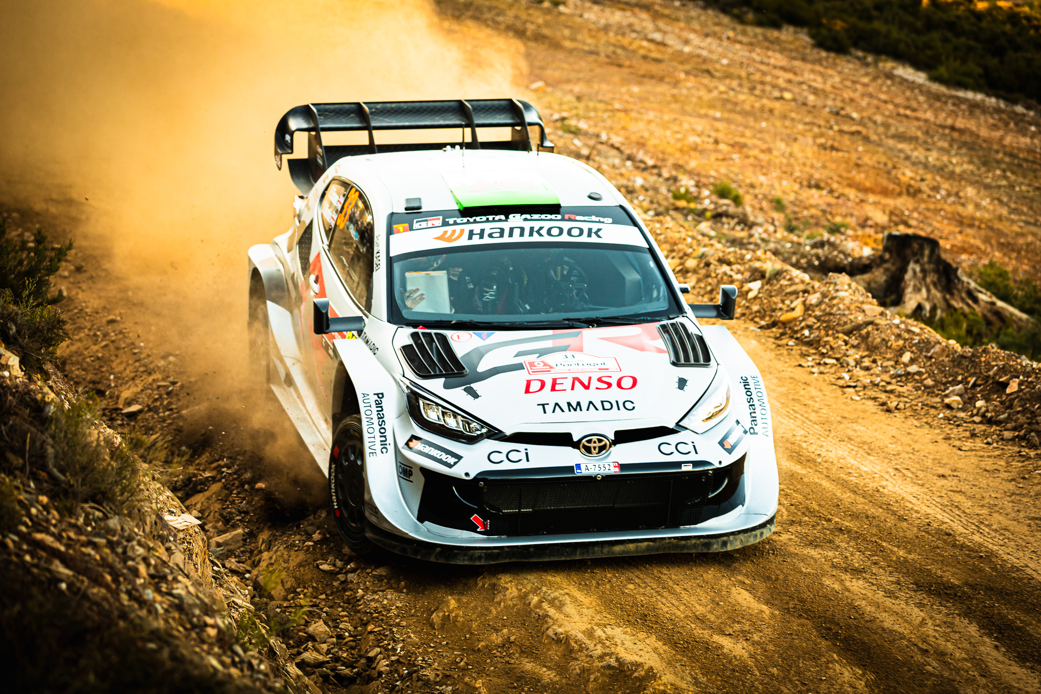 Carro de rally percorre troço de terra com relevo acentuado